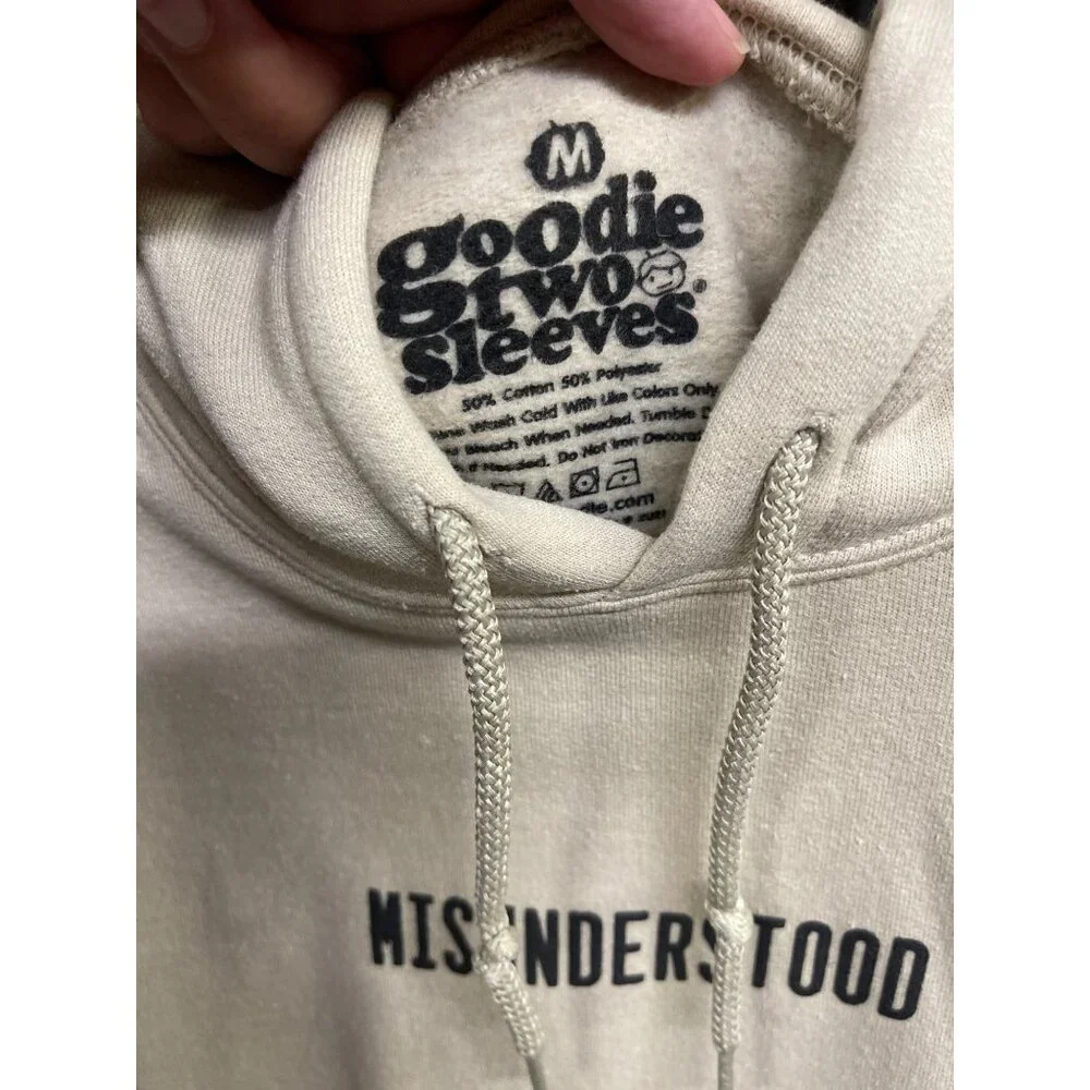 Goodie Two Sleeves Hoodie Graphic Misunderstood Beige Essentials Size Unisex M - Picture 2 of 3